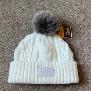 Carhartt Cream Cable Knit Beanie with Faux Fur Pom
